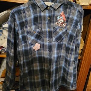 Upcycled Blue Grey Plaid Flannel Shirt Button Down My Melody Hello Kitty Flower